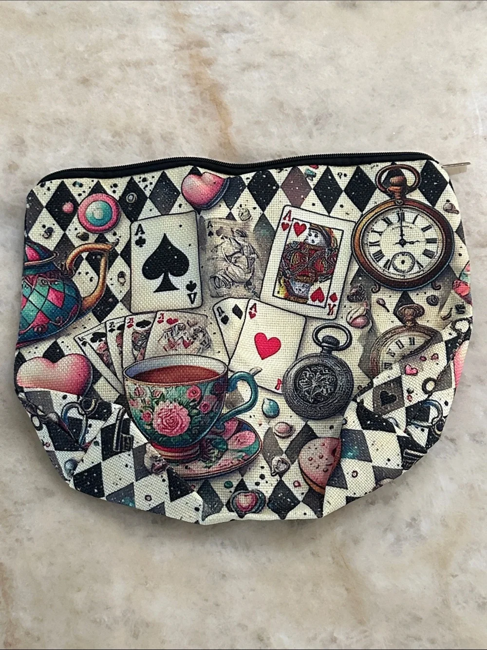 Vintage Tea & Cards Cosmetic Pouch - Pink, Black, Cream